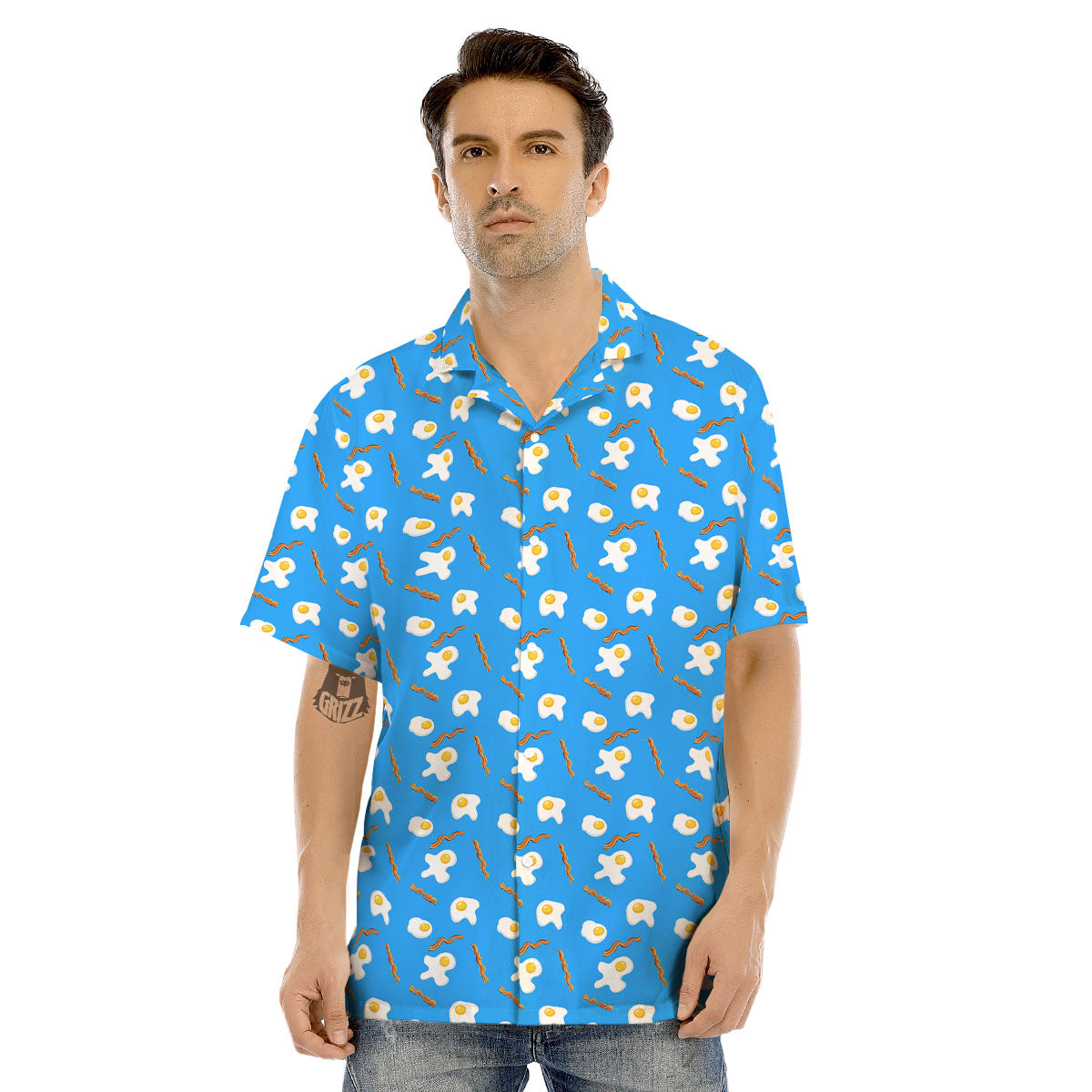 Blue Bacon And Fried Egg Print Pattern Men's Hawaiian Shirt-grizzshop