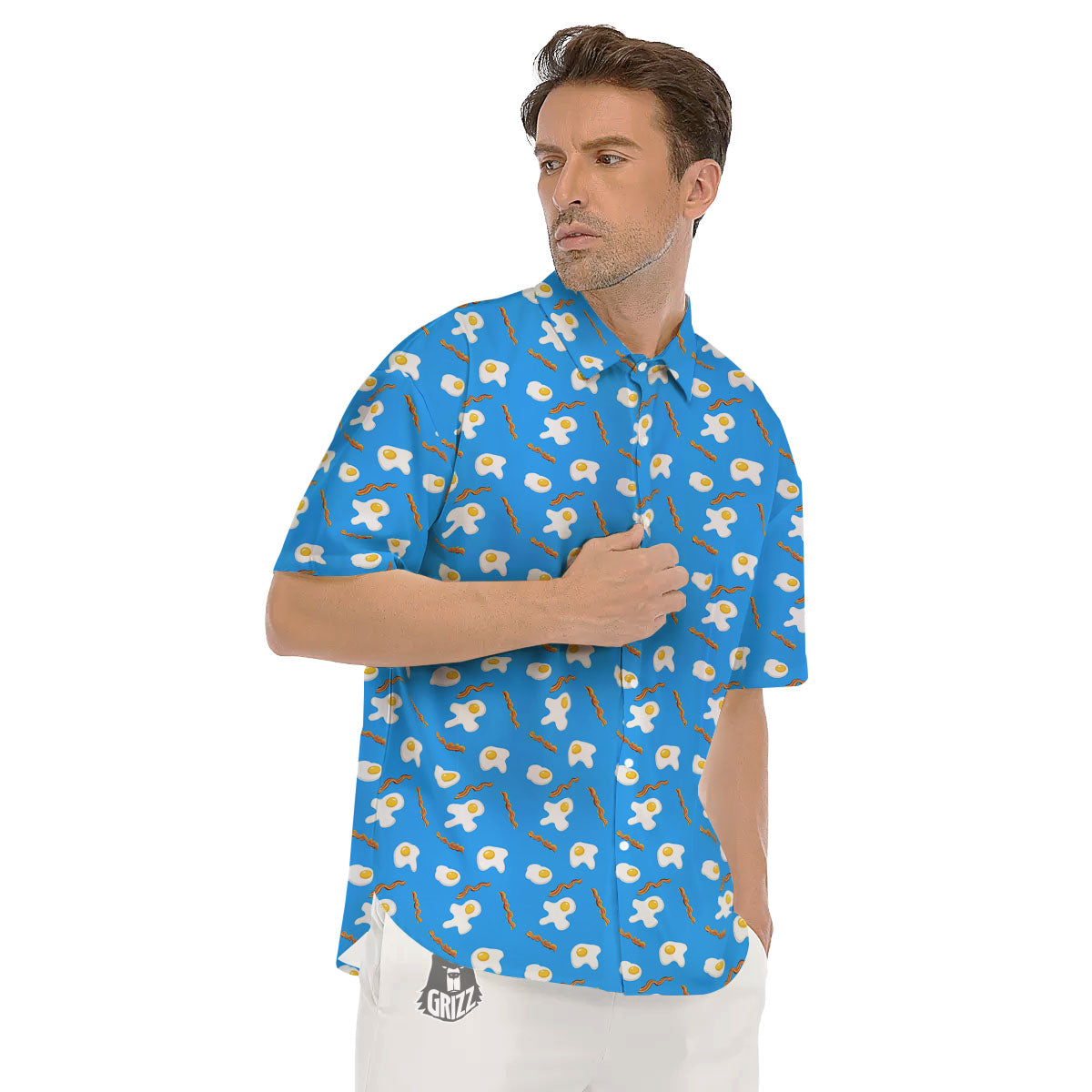 Blue Bacon And Fried Egg Print Pattern Men's Short Sleeve Shirts-grizzshop