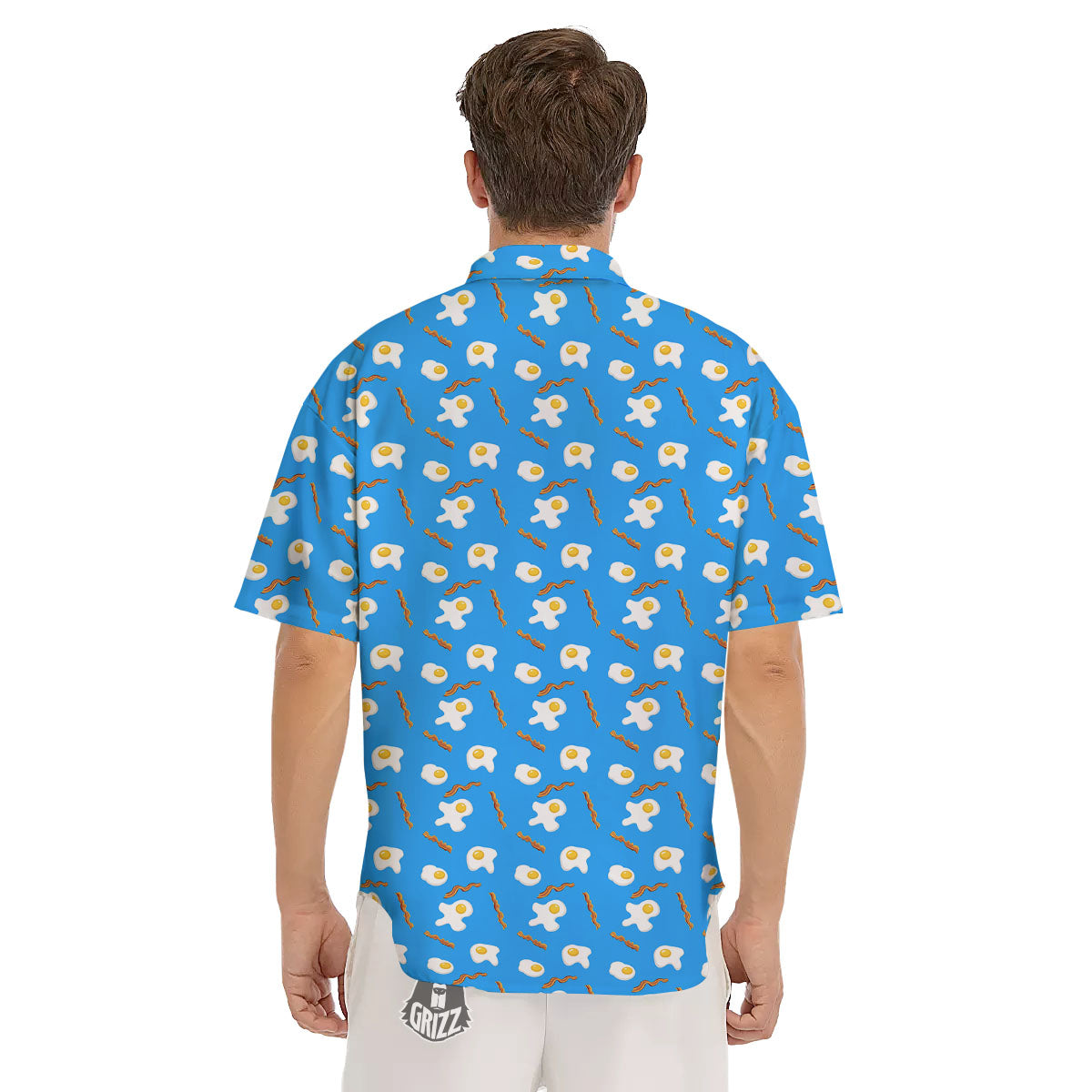 Blue Bacon And Fried Egg Print Pattern Men's Short Sleeve Shirts-grizzshop