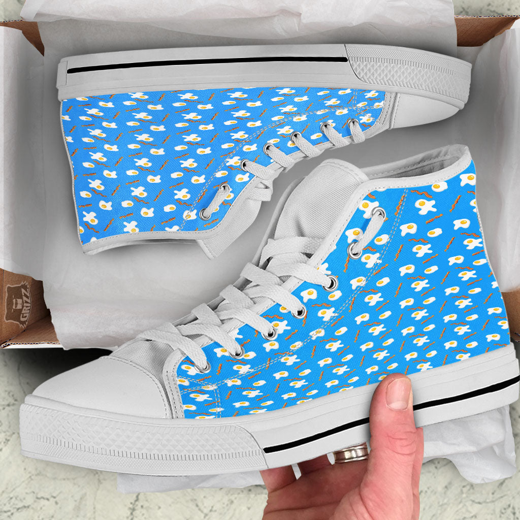 Blue Bacon And Fried Egg Print Pattern White High Top Shoes-grizzshop