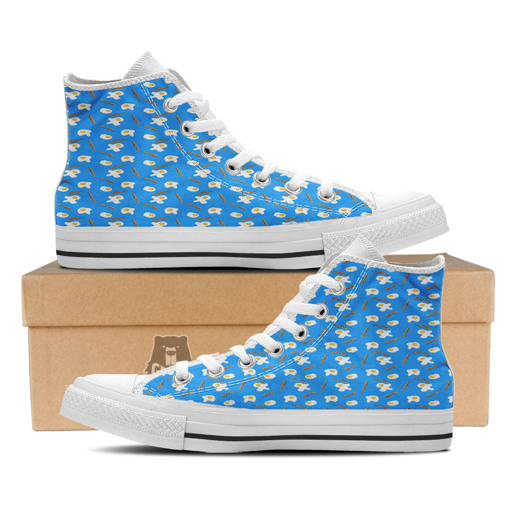 Blue Bacon And Fried Egg Print Pattern White High Top Shoes-grizzshop