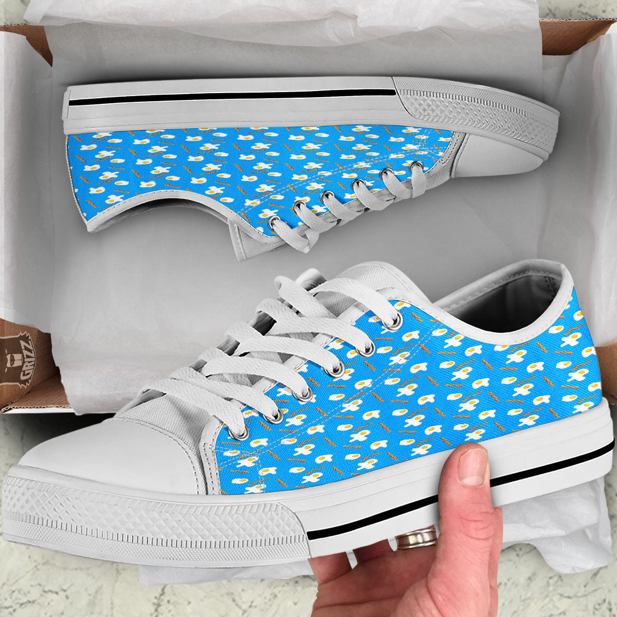 Blue Bacon And Fried Egg Print Pattern White Low Top Shoes-grizzshop