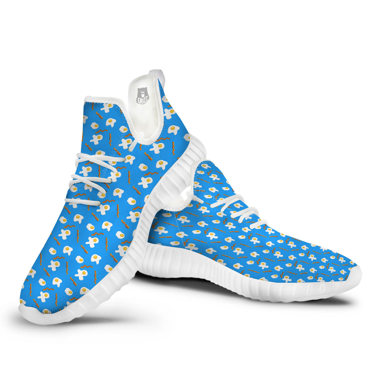 Blue Bacon And Fried Egg Print Pattern White Walking Shoes-grizzshop
