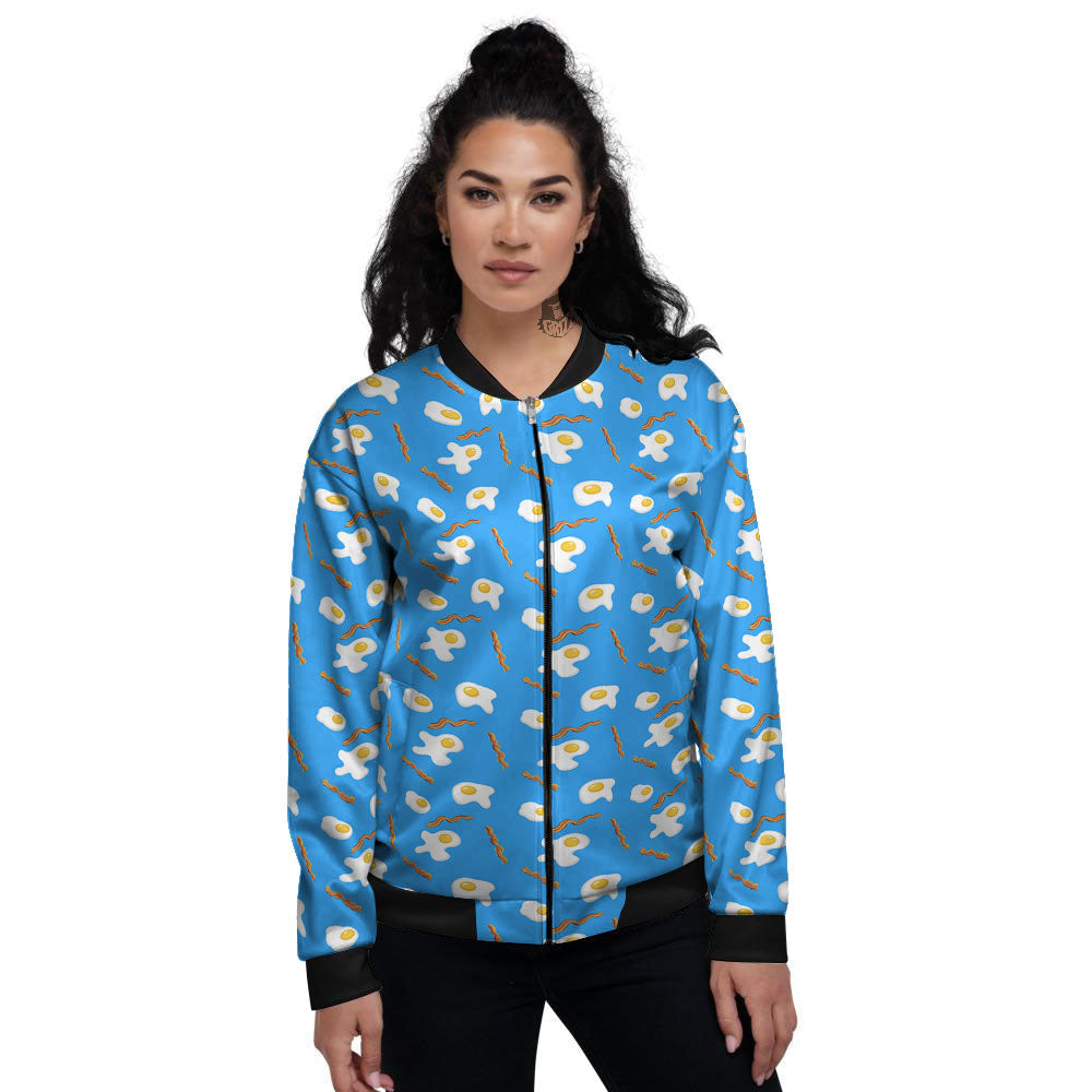 Blue Bacon And Fried Egg Print Pattern Women's Bomber Jacket-grizzshop