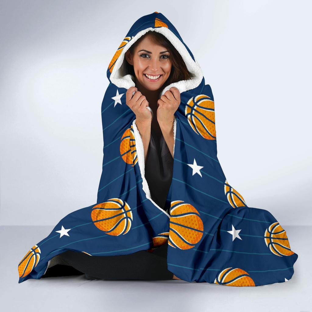 Blue Basketball Pattern Print Hooded Blanket-grizzshop