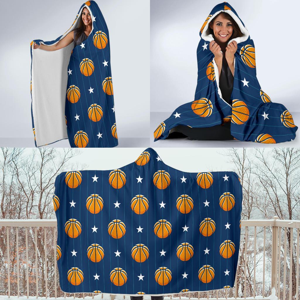 Blue Basketball Pattern Print Hooded Blanket-grizzshop