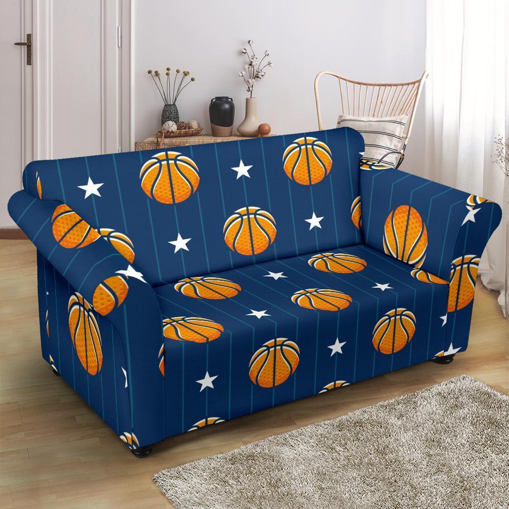 Blue Basketball Pattern Print Loveseat Cover-grizzshop