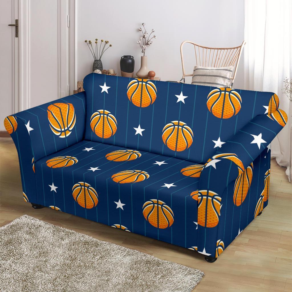 Blue Basketball Pattern Print Loveseat Cover-grizzshop