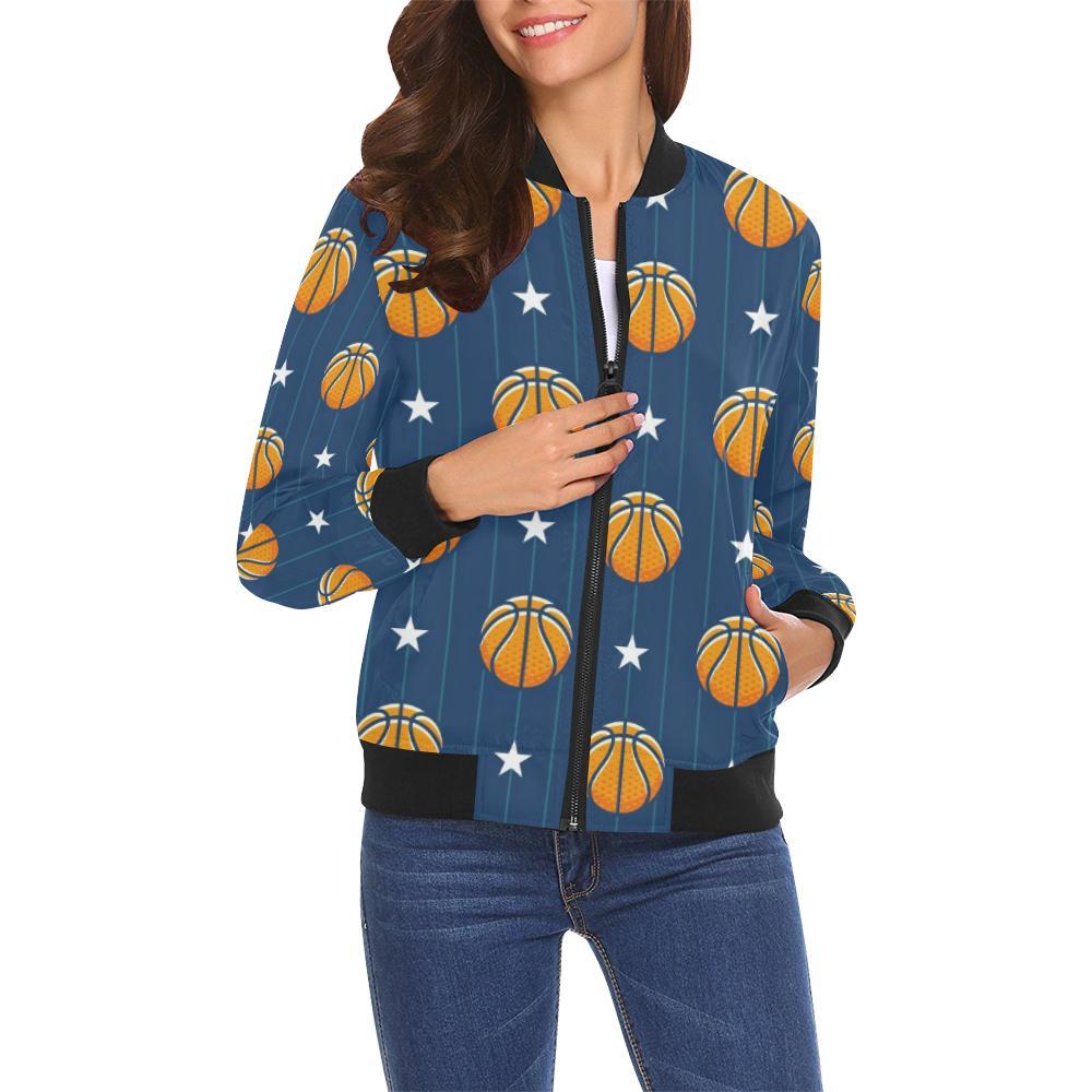 Blue Basketball Pattern Print Women Casual Bomber Jacket-grizzshop