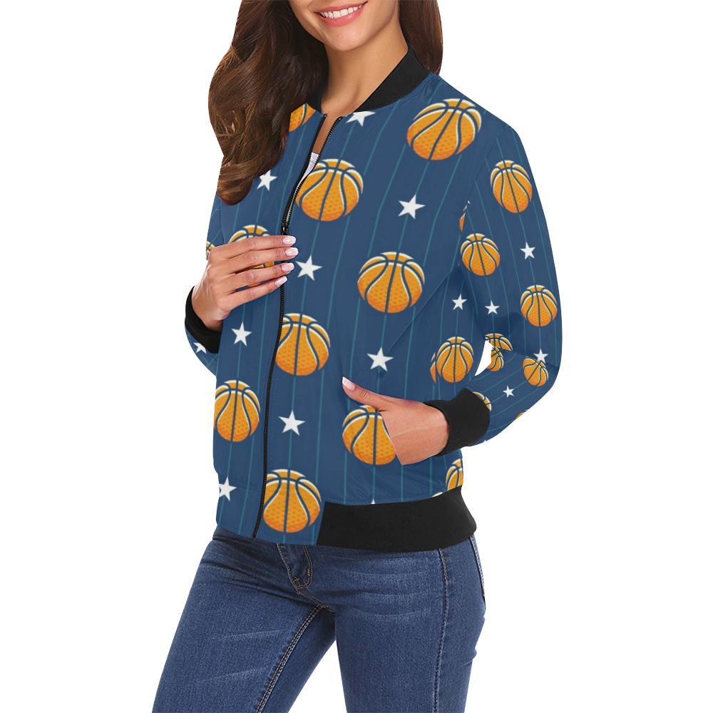 Blue Basketball Pattern Print Women Casual Bomber Jacket-grizzshop