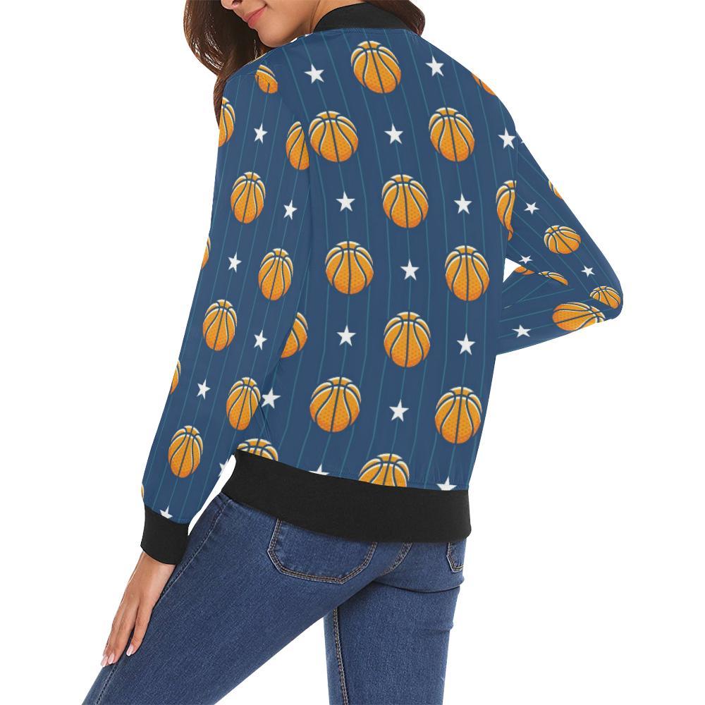 Blue Basketball Pattern Print Women Casual Bomber Jacket-grizzshop