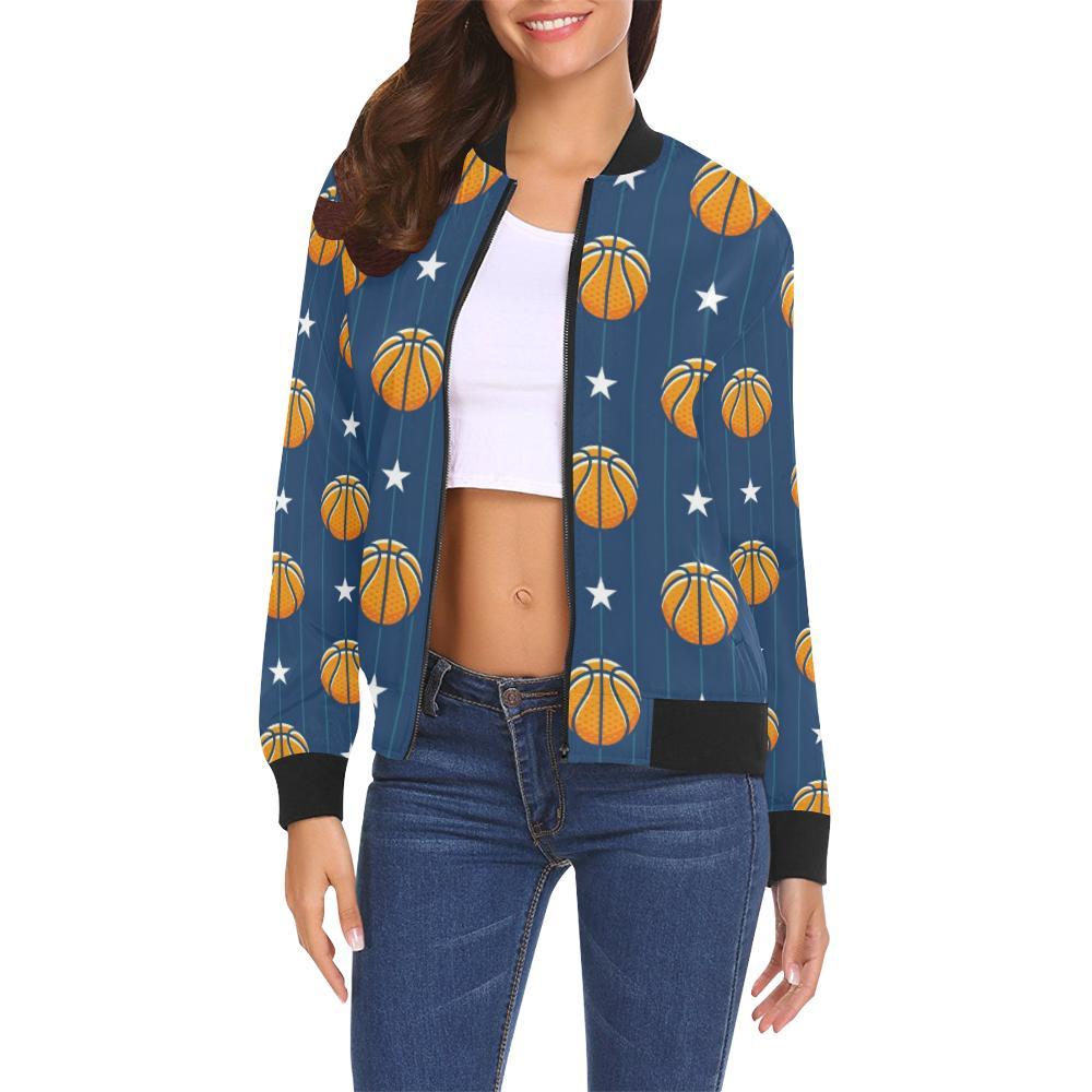 Blue Basketball Pattern Print Women Casual Bomber Jacket-grizzshop