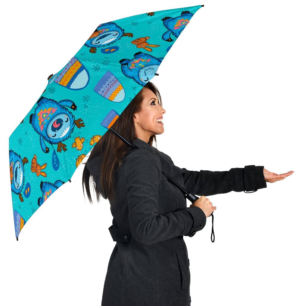 Blue Bigfoot Pattern Print Automatic Foldable Umbrella-grizzshop