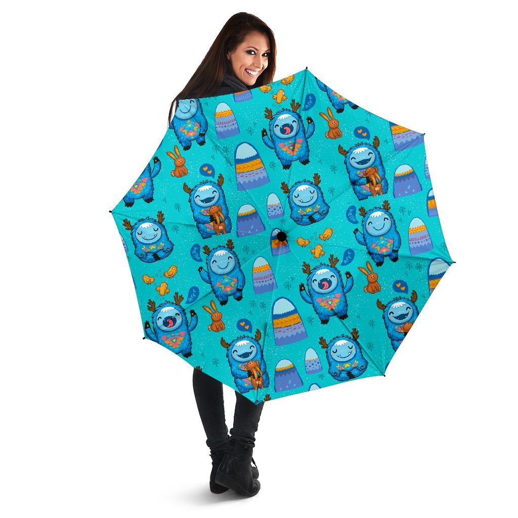 Blue Bigfoot Pattern Print Automatic Foldable Umbrella-grizzshop