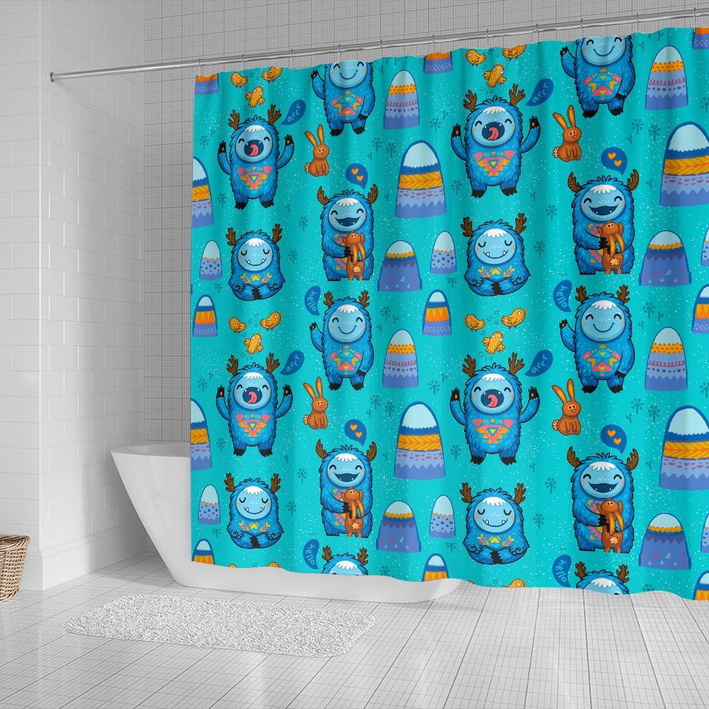 Blue Bigfoot Pattern Print Bathroom Shower Curtain-grizzshop