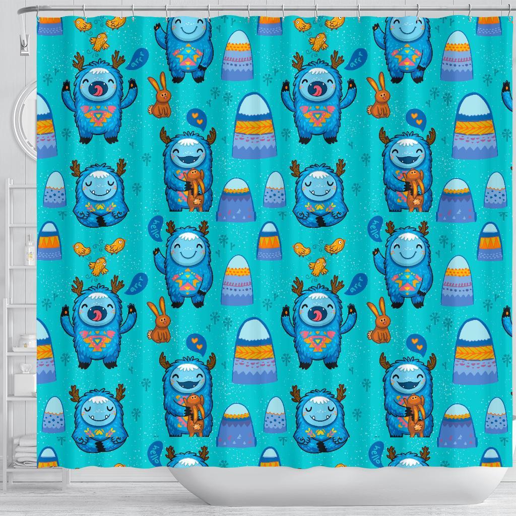 Blue Bigfoot Pattern Print Bathroom Shower Curtain-grizzshop