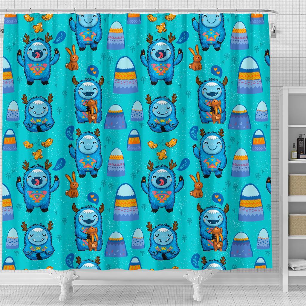 Blue Bigfoot Pattern Print Bathroom Shower Curtain-grizzshop