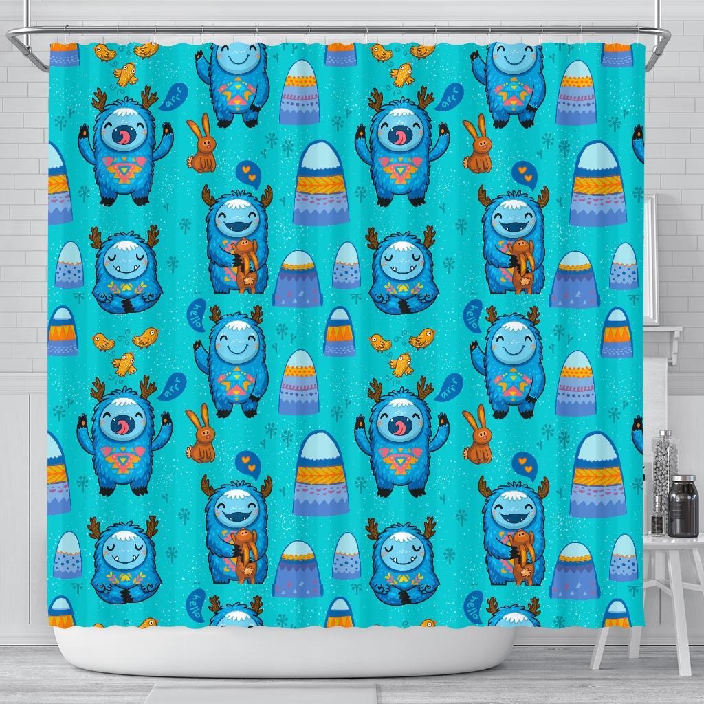 Blue Bigfoot Pattern Print Bathroom Shower Curtain-grizzshop