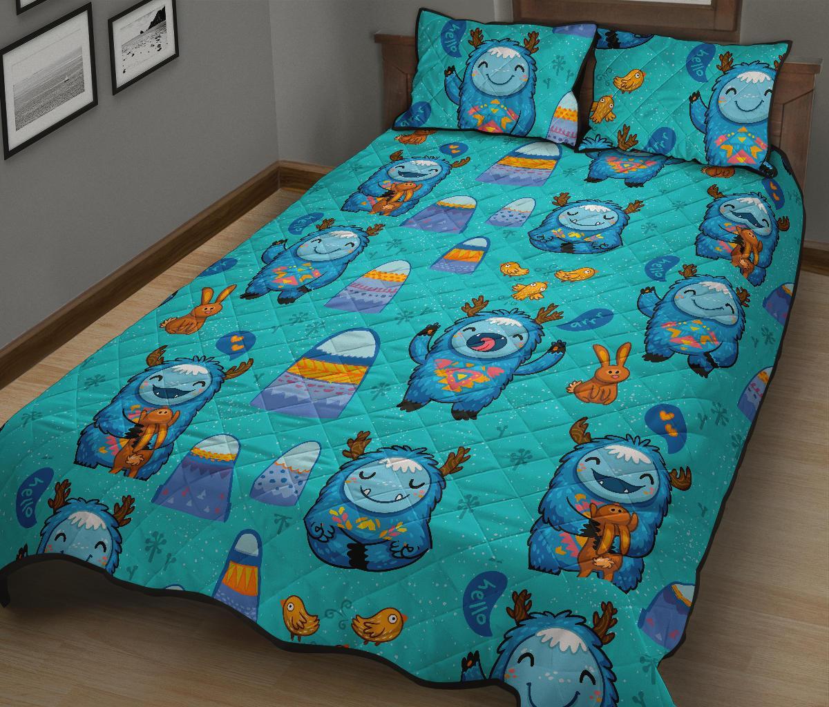 Blue Bigfoot Pattern Print Bed Set Quilt-grizzshop