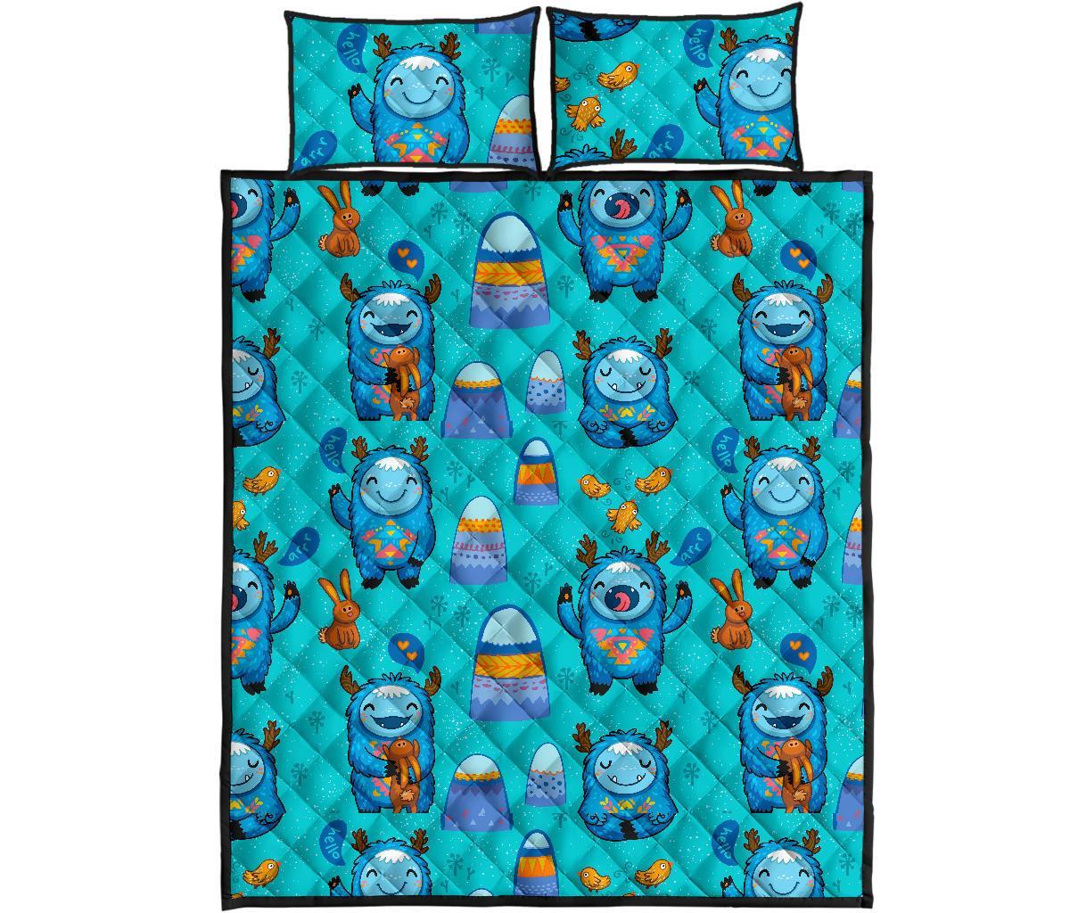 Blue Bigfoot Pattern Print Bed Set Quilt-grizzshop