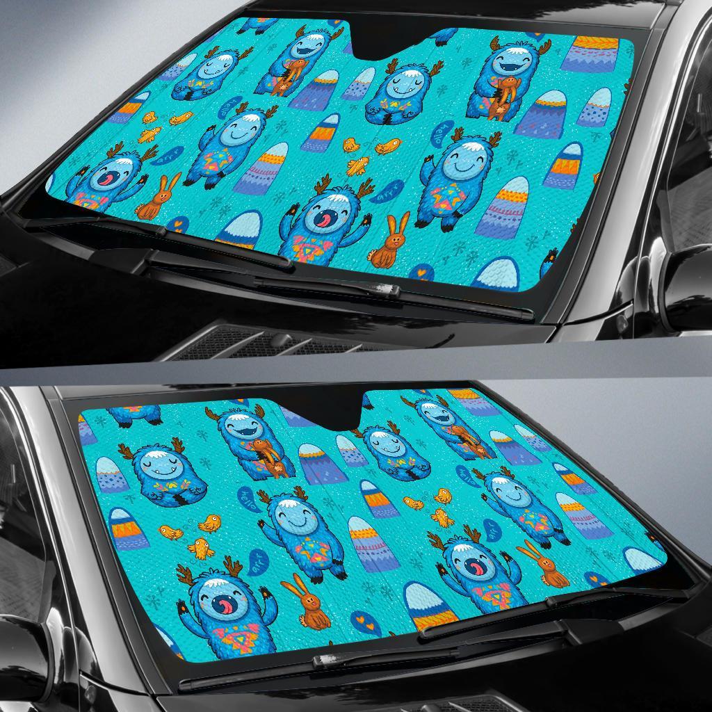 Blue Bigfoot Pattern Print Car Sun Shade-grizzshop