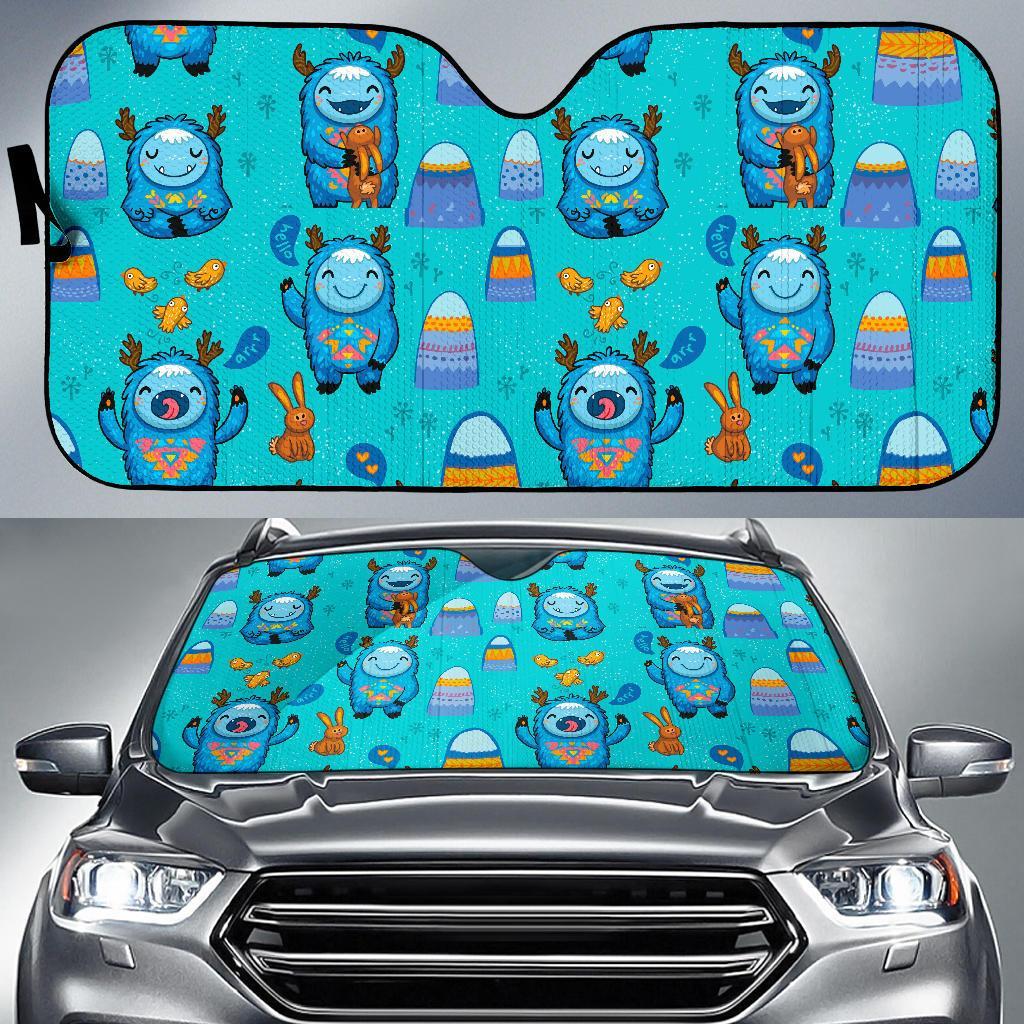 Blue Bigfoot Pattern Print Car Sun Shade-grizzshop