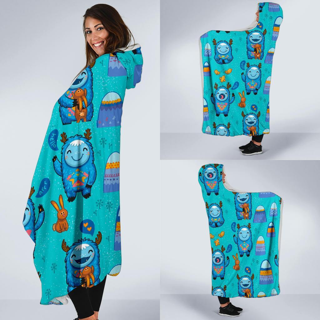 Blue Bigfoot Pattern Print Hooded Blanket-grizzshop