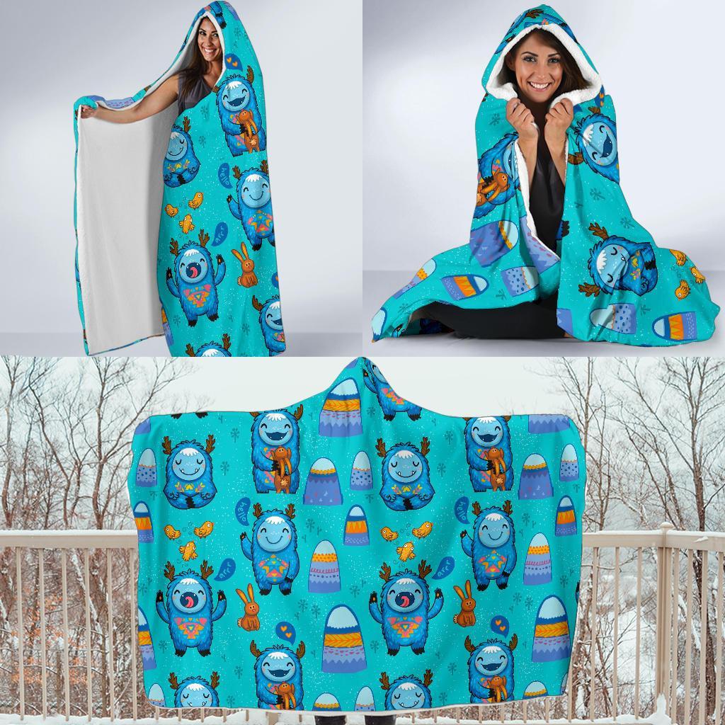 Blue Bigfoot Pattern Print Hooded Blanket-grizzshop