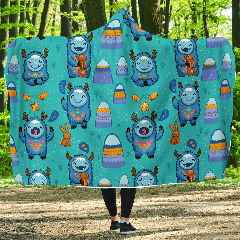 Blue Bigfoot Pattern Print Hooded Blanket-grizzshop