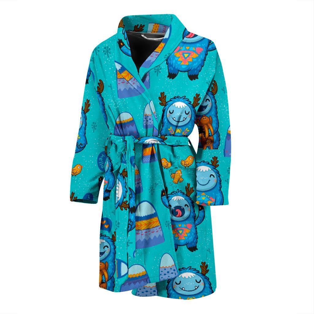 Blue Bigfoot Pattern Print Men Long Robe-grizzshop