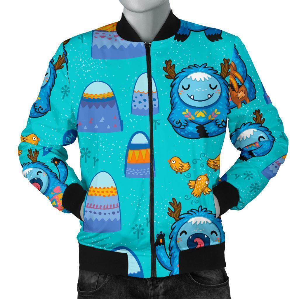 Blue Bigfoot Pattern Print Men's Bomber Jacket-grizzshop