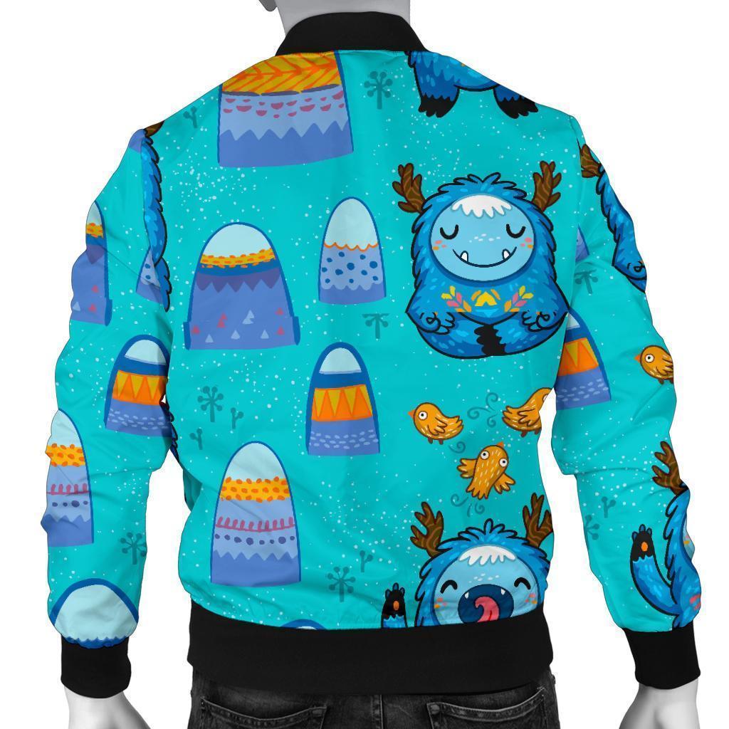 Blue Bigfoot Pattern Print Men's Bomber Jacket-grizzshop