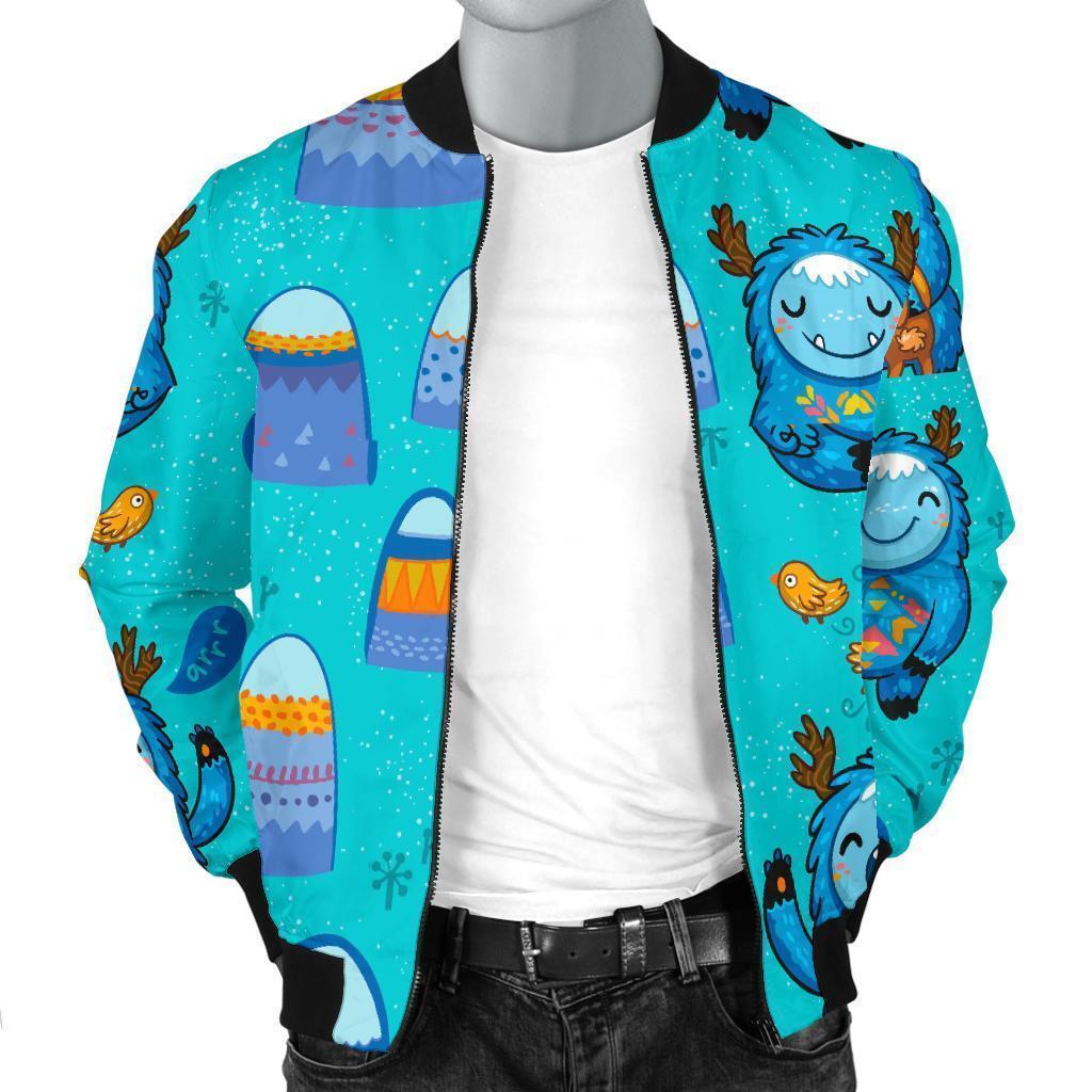 Blue Bigfoot Pattern Print Men's Bomber Jacket-grizzshop