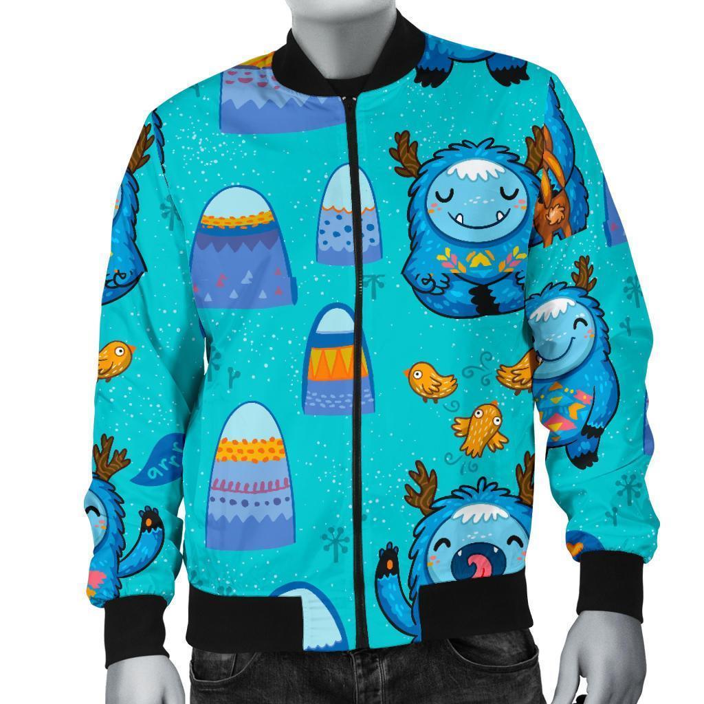 Blue Bigfoot Pattern Print Men's Bomber Jacket-grizzshop
