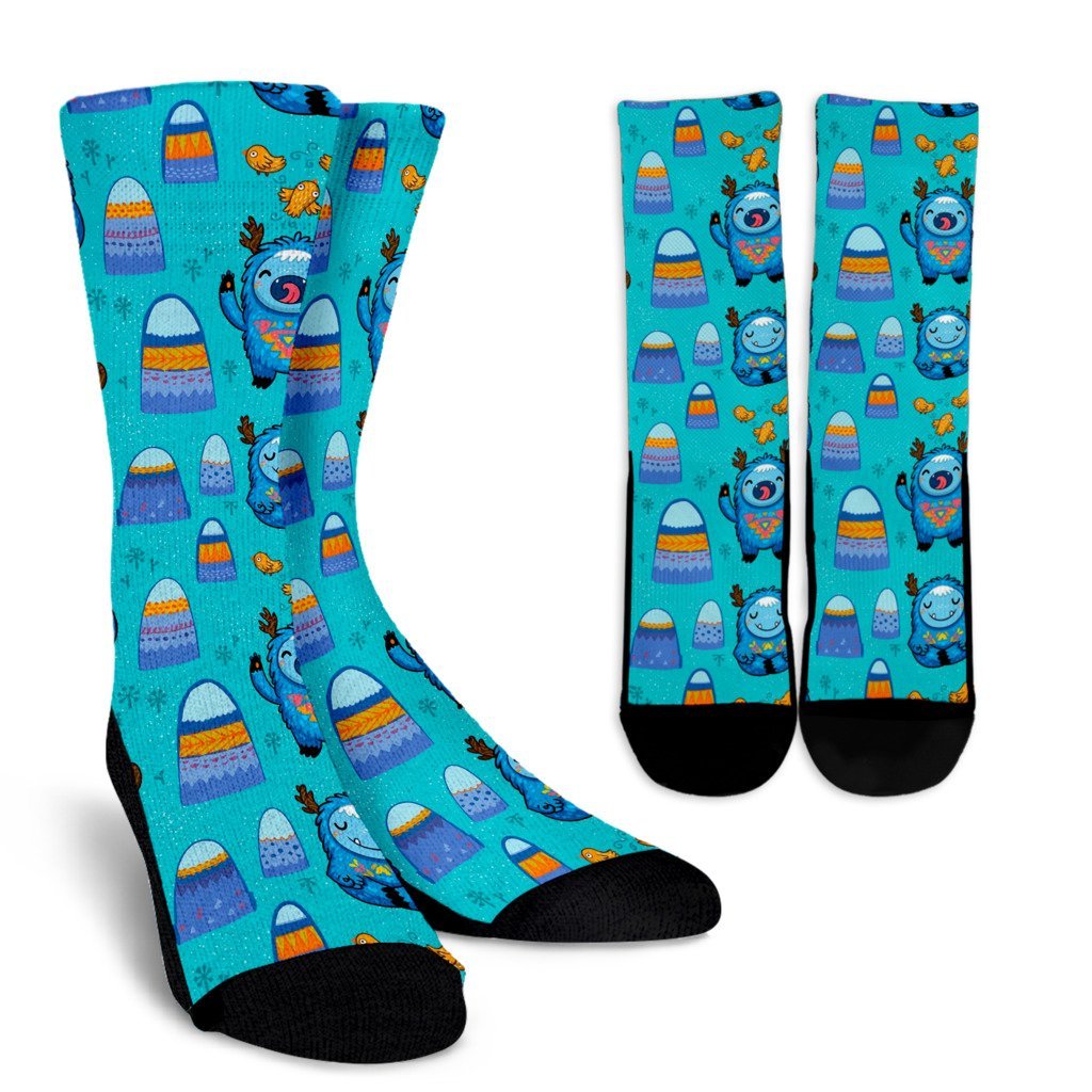 Blue Bigfoot Pattern Print Unisex Crew Socks-grizzshop