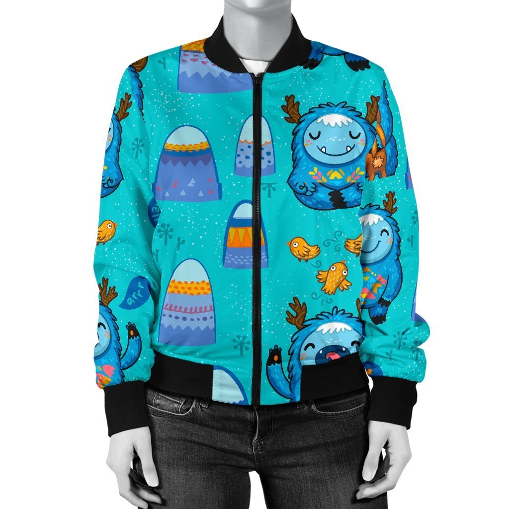 Blue Bigfoot Pattern Print Women Casual Bomber Jacket-grizzshop