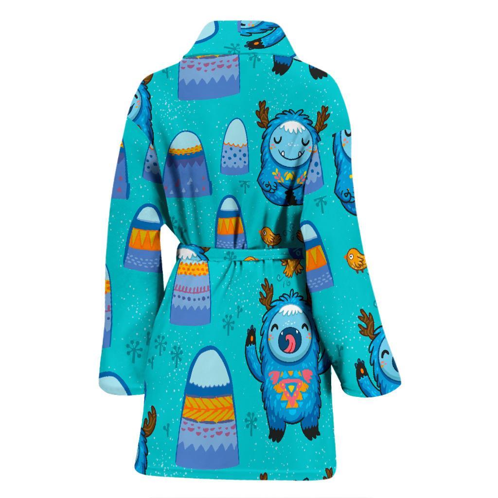Blue Bigfoot Pattern Print Women Long Robe-grizzshop
