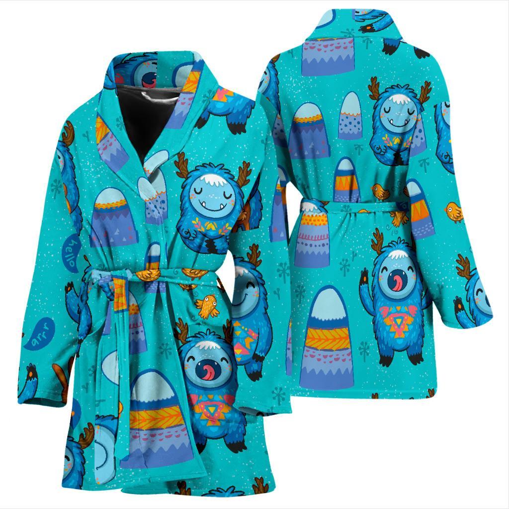 Blue Bigfoot Pattern Print Women Long Robe-grizzshop