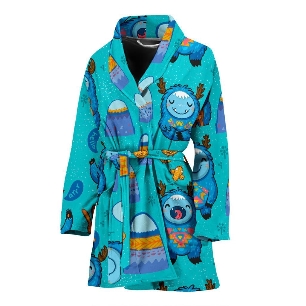 Blue Bigfoot Pattern Print Women Long Robe-grizzshop