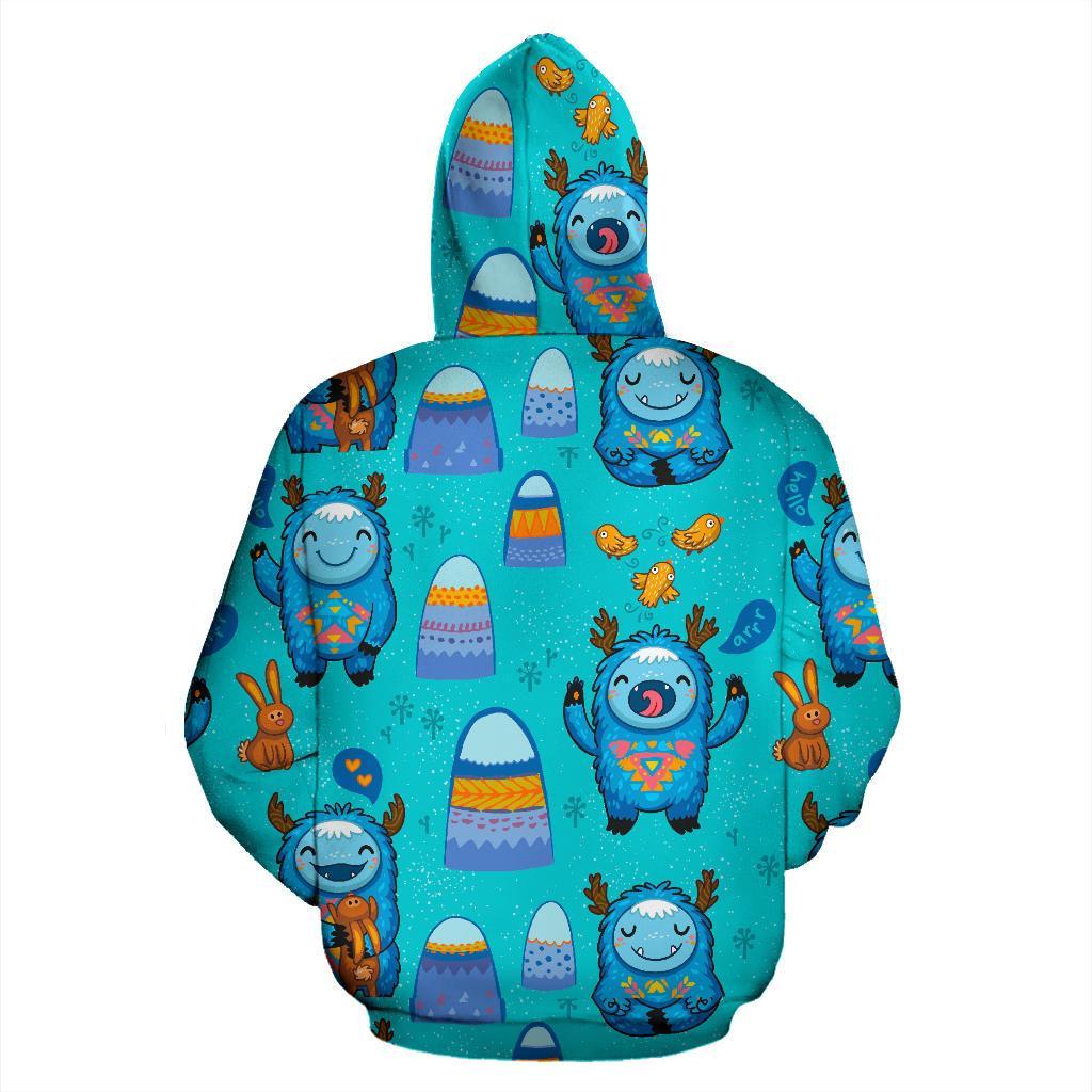 Blue Bigfoot Pattern Print Women Men Pullover Hoodie-grizzshop