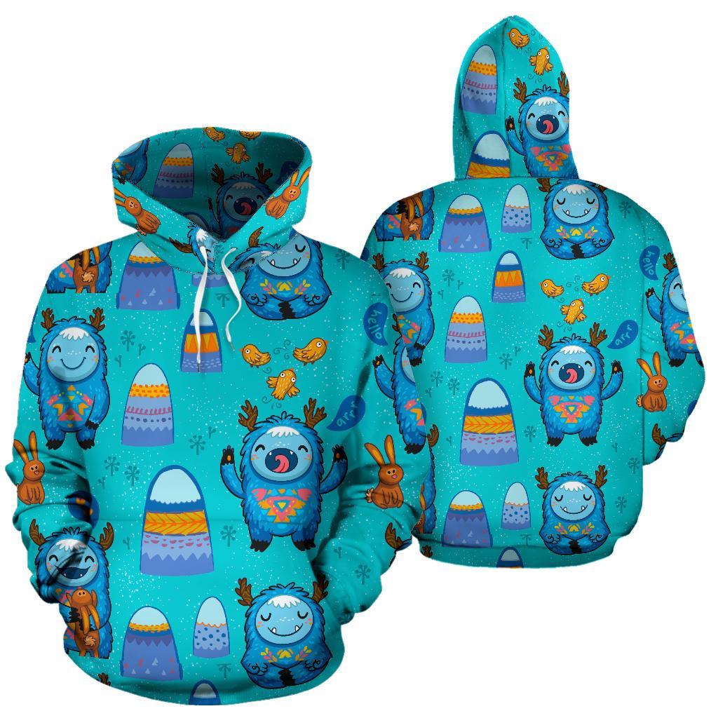 Blue Bigfoot Pattern Print Women Men Pullover Hoodie-grizzshop