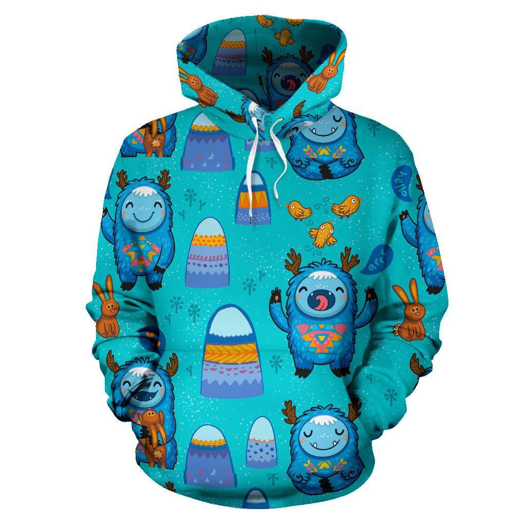 Blue Bigfoot Pattern Print Women Men Pullover Hoodie-grizzshop