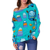 Blue Bigfoot Pattern Print Women Off Shoulder Sweatshirt-grizzshop