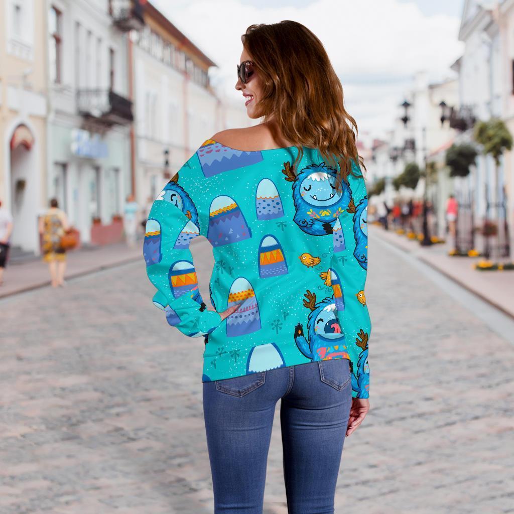 Blue Bigfoot Pattern Print Women Off Shoulder Sweatshirt-grizzshop