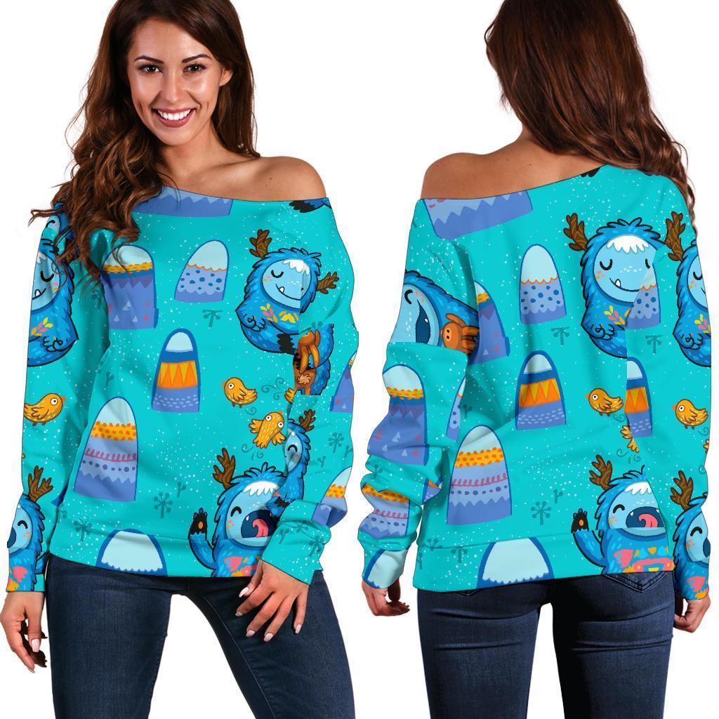 Blue Bigfoot Pattern Print Women Off Shoulder Sweatshirt-grizzshop