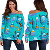 Blue Bigfoot Pattern Print Women Off Shoulder Sweatshirt-grizzshop