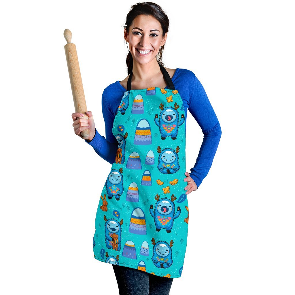 Blue Bigfoot Pattern Print Women's Apron-grizzshop