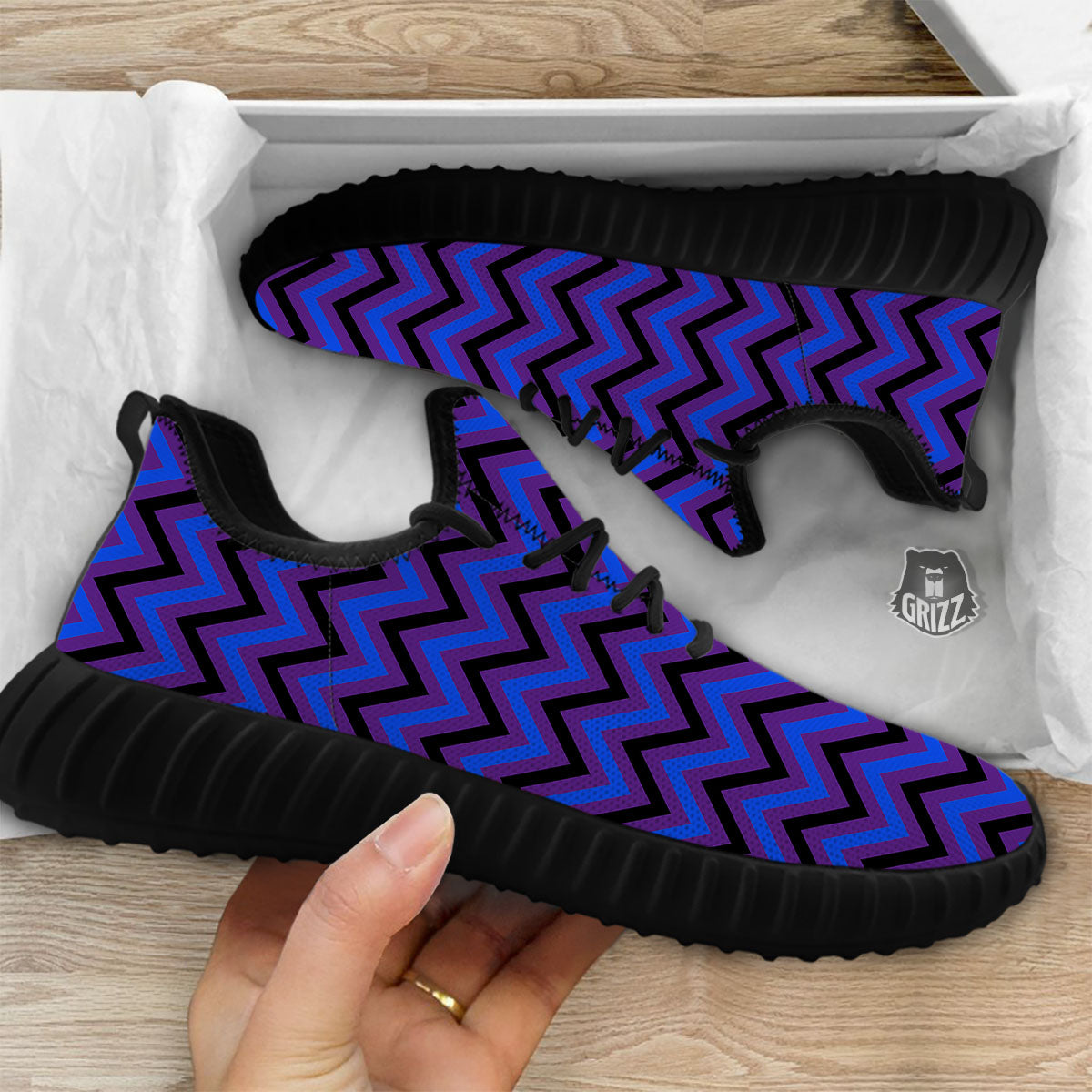 Blue Black And Purple Chevron Print Black Walking Shoes-grizzshop