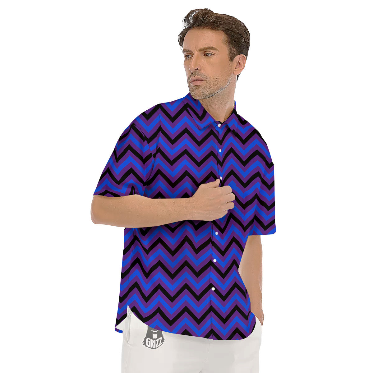 Blue Black And Purple Chevron Print Men's Short Sleeve Shirts-grizzshop