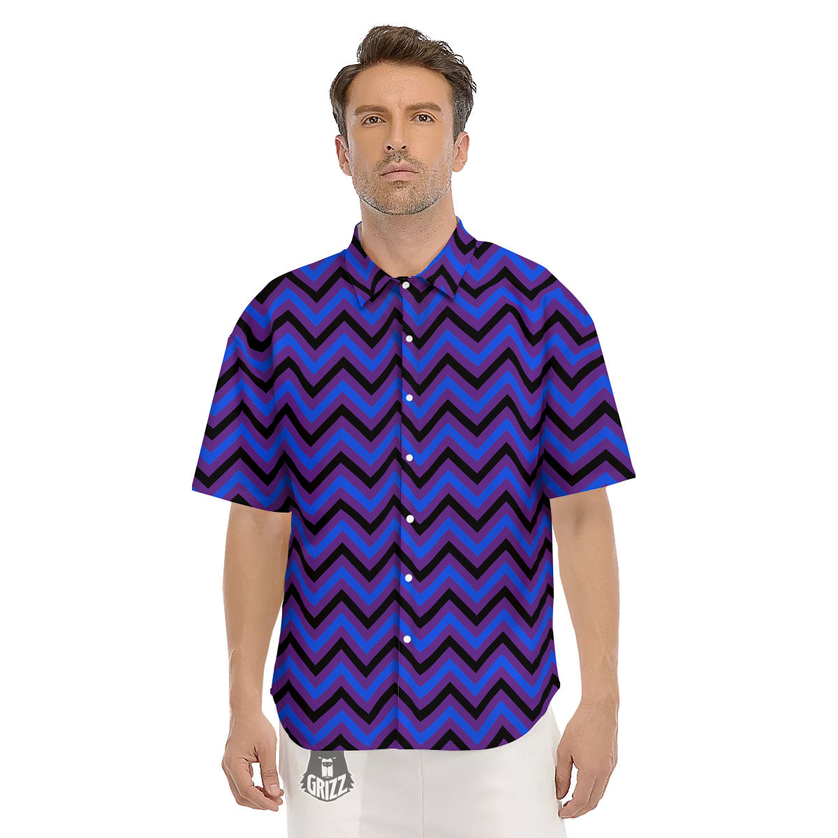 Blue Black And Purple Chevron Print Men's Short Sleeve Shirts-grizzshop